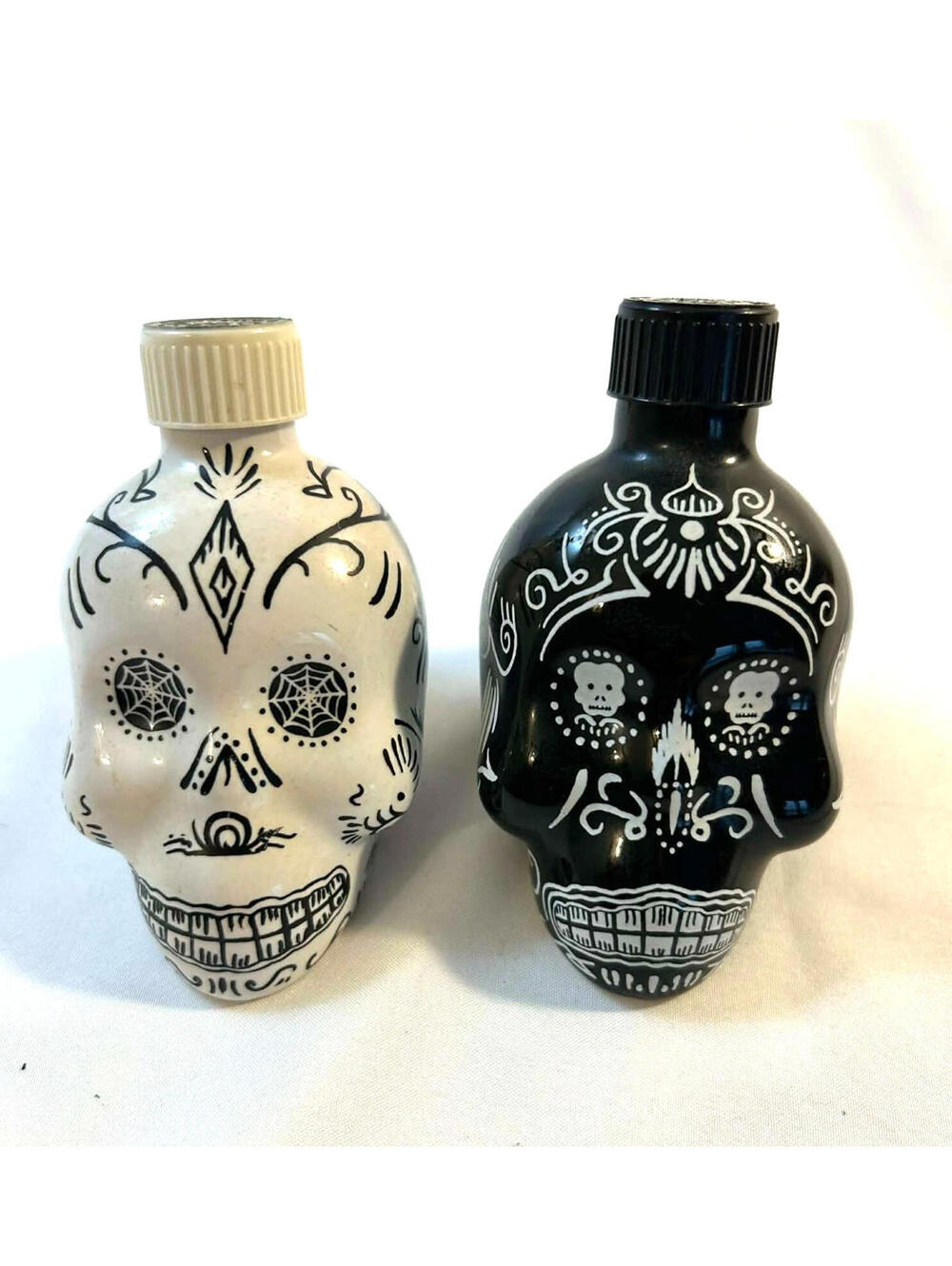 Skull Ceramic Bottle Set of 2 Black White Sugar Skull Style Decorative Bottles